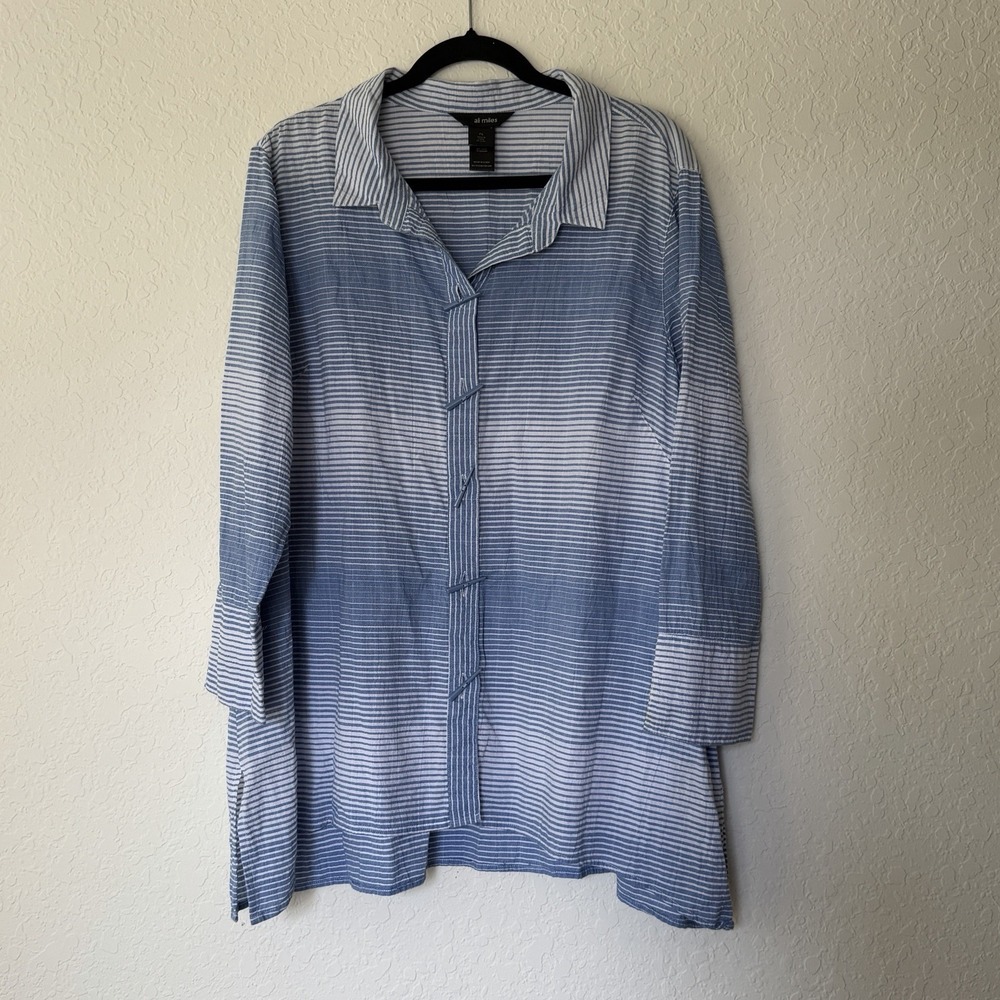 Ali Miles Womens Tunic Top XL Blue Lagenlook Abstract Artsy Button Up Cotton